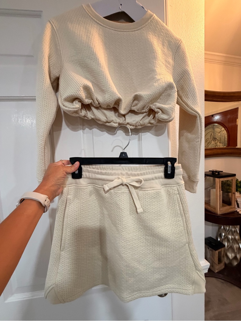 Cream Waffle-Knit Drawstring Skirt - Women's Casual